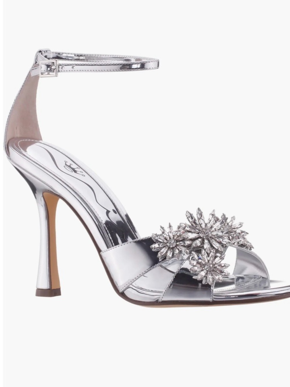 Nina Mirror Silver  Flower detail Ankle-Strap Sandal 4” heel